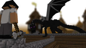 Minecraft玩家手持劍對抗擁有紫色眼睛的黑色巨龍。 — 奇幻 壁紙