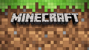 像素化 3D 風格的 Minecraft 標誌在泥土和草地方塊上。 — 我的世界 壁紙
