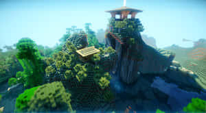 Minecraft山頂堡壘，有綠色樹木和木塔，藍天 — 型格 Minecraft 壁紙