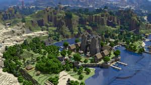 一座Minecraft城堡小鎮，位於河邊，被綠色山丘和懸崖環繞。 — 島嶼 壁紙