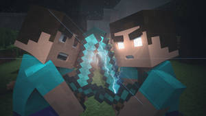兩個Minecraft角色之間帶有電能碰撞。