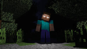 Minecraft角色在夜晚的森林中站在星空下