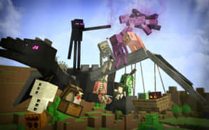 Minecraft 怪物懸掛在破碎的橋樑上，下方是像素世界。