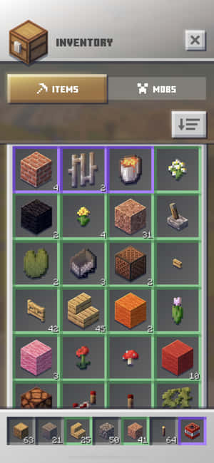Minecraft物品欄畫面，顯示各種方塊、花同工具喺網格中。