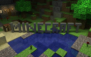 由方塊組成的Minecraft標誌，旁邊有河流、樹木和石屋。