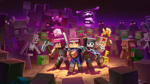 Minecraft英雄在黑暗的地牢中與發光紫色燈光的殭屍戰鬥。
