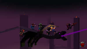 Minecraft玩家在紫色夜空中與龍戰鬥。