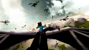 Minecraft玩家騎著龍飛越山脈，其他龍在天空中飛翔。