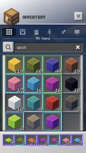 Minecraft物品欄顯示各種顏色的羊毛方塊及堆疊數量。