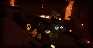 Minecraft玩家在熾熱的地獄堡壘中戰鬥，有熔岩和方塊結構。