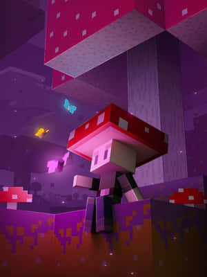 一個像素化的蘑菇生物站在一個發光的方塊上，在一個紫色的Minecraft世界中。