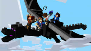 三個Minecraft玩家騎著一條黑龍穿過像素天空。