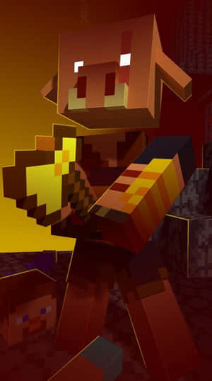 一隻Minecraft豬在像素化遊戲場景中拿著金蘋果。