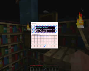 Minecraft玩家在夜晚觀看被書架包圍的儲物箱中的附魔鑽石劍。