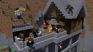 Minecraft角色聚集喺像素村莊嘅一間石屋周圍。
