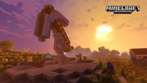 一個巨大的Minecraft角色站在夕陽下的像素化景觀中。
