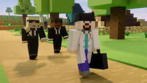 三個Minecraft角色在森林中的小路上行走
