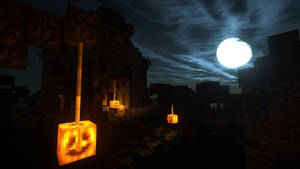 發光的南瓜燈在滿月下照亮了Minecraft廢墟。