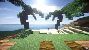 像素化Minecraft海灘，漂浮樹木和海洋，陽光明媚。