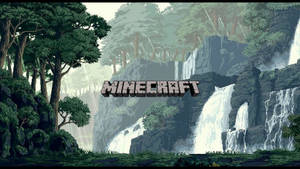 Minecraft遊戲標誌在像素化森林上，有瀑布和懸崖。 — 我的世界 壁紙