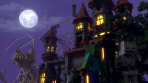 滿月夜晚的Minecraft城堡，有殭屍和骷髏。 — 鬼滅之刃面具 壁紙