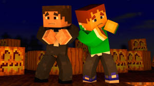兩個穿著萬聖節服裝的Minecraft角色在夜晚的發光南瓜中。