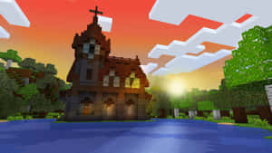 像素化Minecraft教堂在日落時分的水邊，周圍有方塊狀的樹木和雲朵。