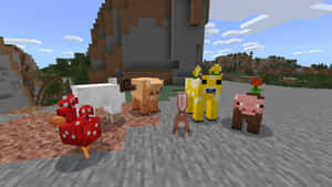 Minecraft動物一起站在一個方塊狀的戶外場景中。