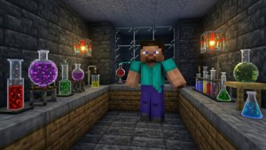 Minecraft角色在一個有彩色藥水瓶和石牆的藥水實驗室中。