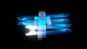 像素化Minecraft角色在黑色背景上發出藍色能量軌跡的光芒。