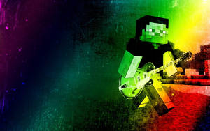 一個Minecraft苦力怕在彩虹背景下彈結他。