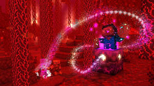 Minecraft角色在紅色地獄堡壘中施放魔法咒語