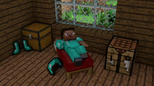 穿著青綠色盔甲的Minecraft角色在木屋內的紅色床上休息。