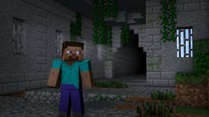 Minecraft角色在石頭廢墟中，有常春藤和鐵欄窗戶