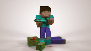 Minecraft角色手持鑽石劍站在倒下的方塊形人物上方