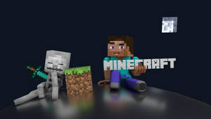 Minecraft Steve 和骷髏在黑暗表面上與泥土方塊及遊戲標誌
