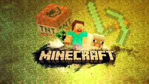 Minecraft標誌，帶有像素化角色和羊，背景為綠色方塊狀。