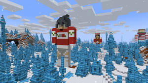 穿著紅色外套的Minecraft玩家站在雪地冰森林中，有浮動方塊。