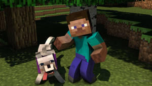 Minecraft角色在像素化森林中撫摸一隻狗。
