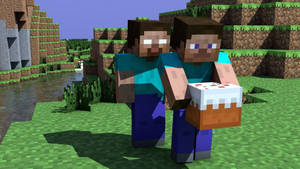 兩個Minecraft角色在草地戶外場景中拿著蛋糕。