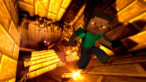 Minecraft玩家在金色方塊隧道中逃離苦力怕爆炸。