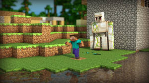 Minecraft 玩家在水和石塊附近面對喪屍。