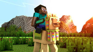 Minecraft角色在日落時分的像素化景觀中騎著裝飾馬。