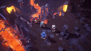 夜晚在充滿熔岩的堡壘中的Minecraft玩家和生物