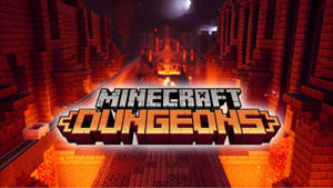 Minecraft Dungeons 標誌在一個有熔岩和火炬的火熱地牢中。