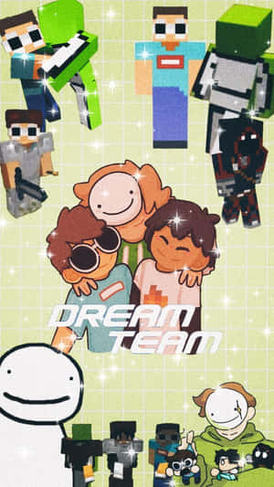 Minecraft角色和Dream Team成員在閃亮的像素藝術牆紙中。