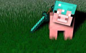 一隻Minecraft豬在高高的草叢中拿著鑽石劍。