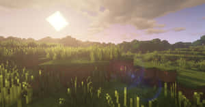 鑽石形太陽下嘅Minecraft草坡，夕陽。