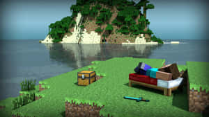 Minecraft 島嶼，草地上有床、儲物箱和鑽石劍，靠近水邊 — 島嶼 壁紙