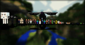 Minecraft角色和生物站在有河流的森林中。